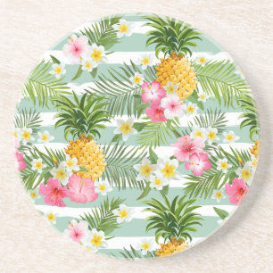 Tropische Blume und Ananas auf Aquamarinen Streife Getränkeuntersetzer