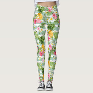 Tropische Blume und Ananas auf Aquamarinen Streife Leggings