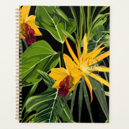 Tropische Blume und Blätter aus Palmen im Sommer. Planer