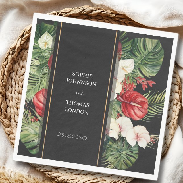 Tropische Blume und Blätter dunkle Aquarelle Hochz Serviette (Von Creator hochgeladen)