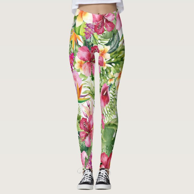 Tropische Blume und Blätter Hawaiianische Flora Leggings (Vorderseite)