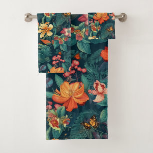 Tropische Blume und Blätter mit Schmetterlingen Badhandtuch Set