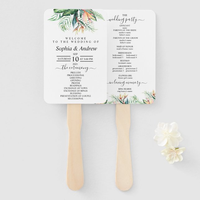 Tropische Blume und grüne Blätter Set der Fans Fächer (Vorne und Hinten)