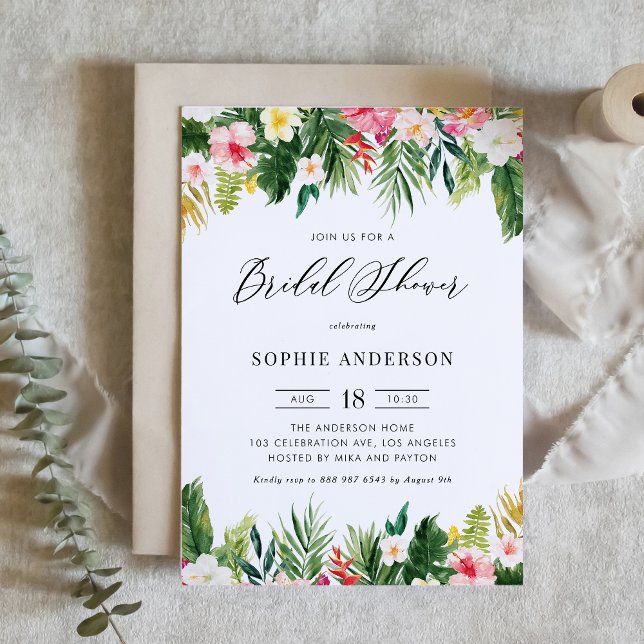 Tropische Blume und Grünes Sommer Brautparty Einladung (Tropical Bridal Shower Invitation – Watercolor Flowers and Greenery Bridal Shower Invitation)