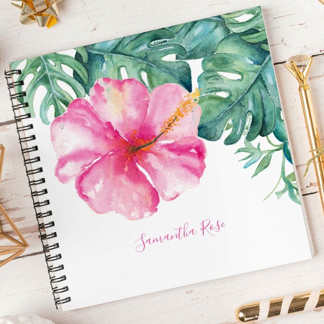 Tropische Blume und Grünschrift Personalisiert Jou Notizbuch (Notebook tropical watercolor hibiscus flower and monstera leaves Victoria Grigaliunas DoTellABelle)