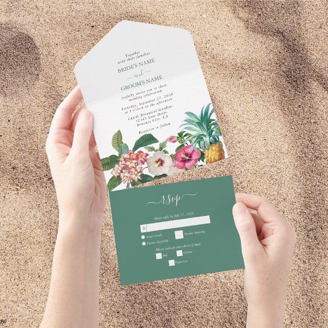 Tropische Blume und Hochzeiten im Grünen All In One Einladung (Tropical Watercolor Flowers & Greenery Wedding All In One Invitation)