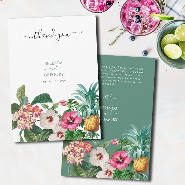 Tropische Blume und Hochzeiten im Grünen Dankeskarte (Tropical Watercolor Flowers & Greenery Wedding Thank You Card)