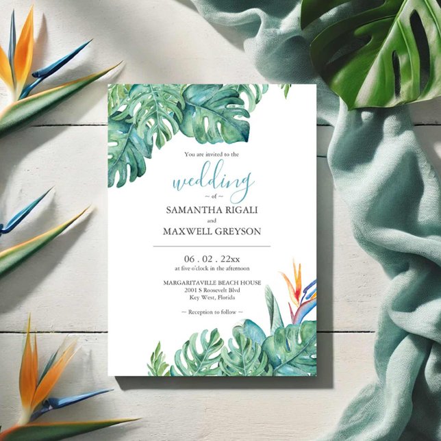 Tropische Blume und Hochzeiten im Grünen Einladung (Tropical destination wedding invitations watercolor floral and palm leaf art by Victoria Grigaliunas)