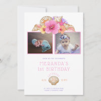 Tropische Blume und Muscheln zum ersten Geburtstag