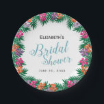 Tropische Blume und Palmbranchen-Brautparty Pappteller<br><div class="desc">Diese Papiertafel aus Brautparty illustriert die hellen tropischen Blume und die Äste der grünen Palmen Blätter. Der Hintergrund ist weiß und bietet benutzerdefinierten Text für einen Namen und ein Datum.</div>