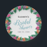Tropische Blume und Palmbranchen-Brautparty Pappteller<br><div class="desc">Diese Papiertafel aus Brautparty illustriert die hellen tropischen Blume und die Äste der grünen Palmen Blätter. Der Hintergrund ist weiß und bietet benutzerdefinierten Text für einen Namen und ein Datum.</div>