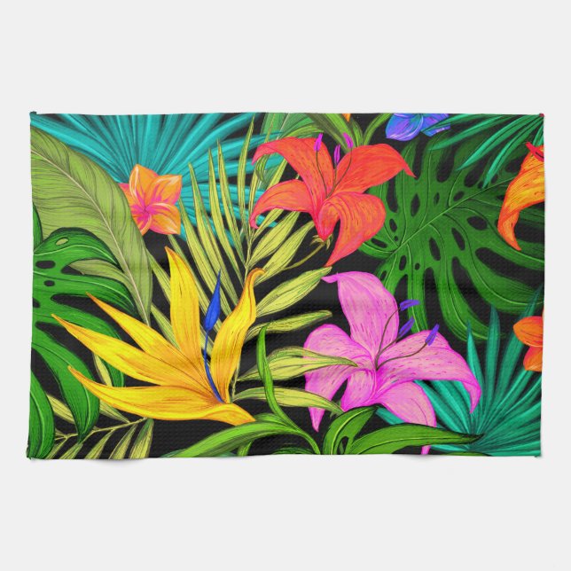 Tropische Blume und Palmenblatt Hawaiisch bunt Geschirrtuch (Horizontal)