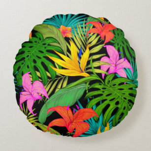 Tropische Blume und Palmenblatt Hawaiisch bunt Rundes Kissen