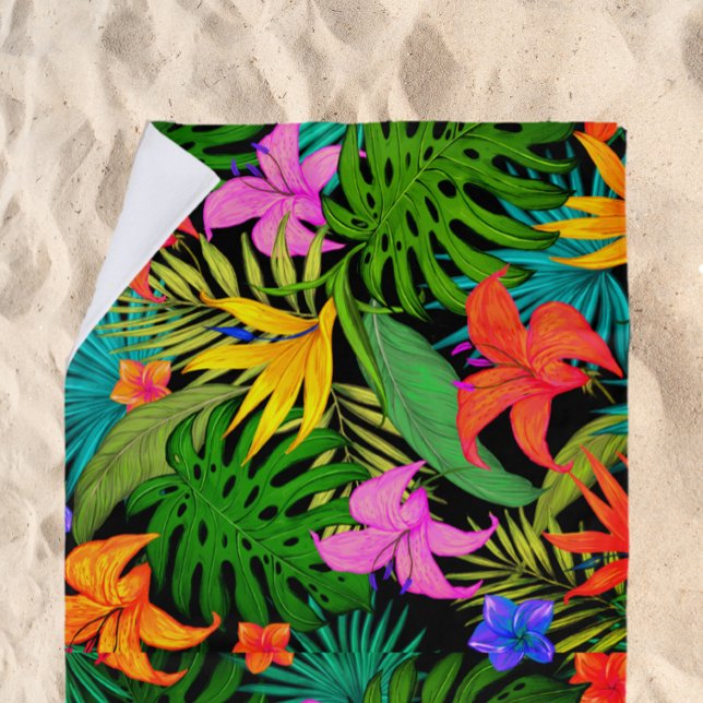 Tropische Blume und Palmenblatt Hawaiisch bunt Strandtuch (Von Creator hochgeladen)