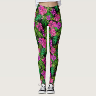 Tropische Blume und Pflanze in Schwarz Leggings