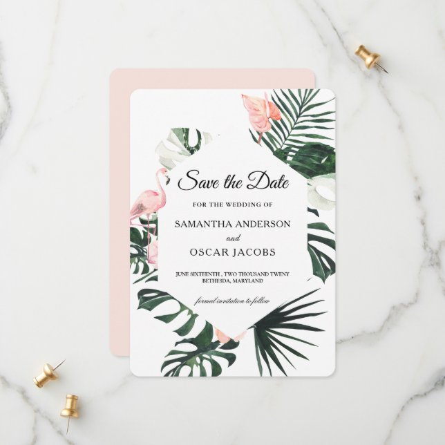 Tropische Blume und rosa Flamingo Beauty Save The Date (Vorderseite/Rückseite Beispiel)