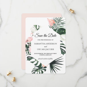 Tropische Blume und rosa Flamingo Beauty Save The Date
