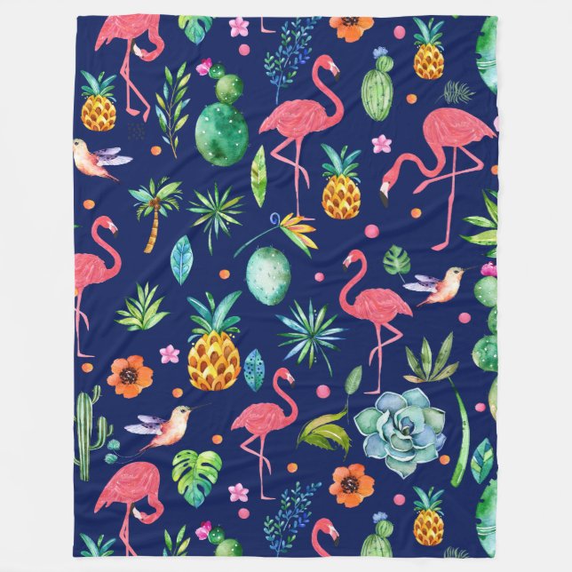 Tropische Blume und rosa Flamingos-Illustration Fleecedecke (Vorderseite)