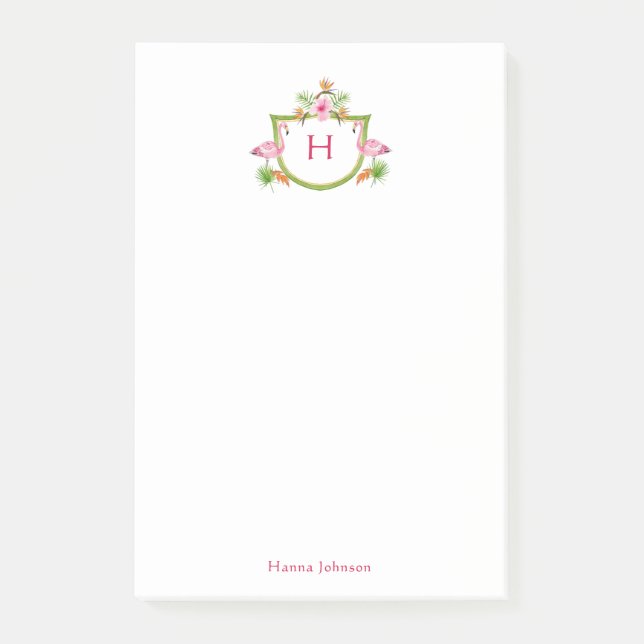 Tropische Blume und Vögel mit Monogramm Notepad Post-it Klebezettel (Vorderseite)