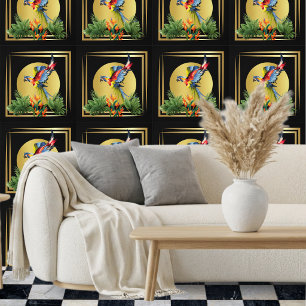 Tropische Blume Vogel Schwarz Gold Tapete