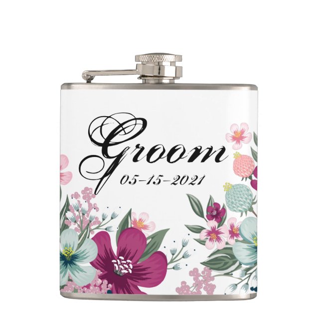 Tropische Blume von Groom Whiskey Flask White Flachmann (Vorderseite)