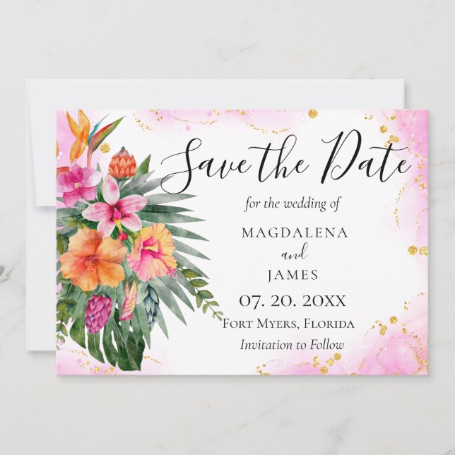 Tropische Blume Wasserfarbe Rosa Gold Glitzer Save The Date (Vorderseite)