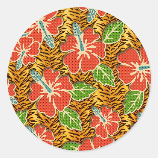Tropische Blume Wild Tiger Muster Runder Aufkleber (Vorderseite)