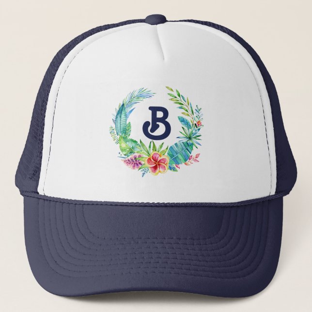 Tropische Blume Wreath Monogramm Truckerkappe (Vorderseite)