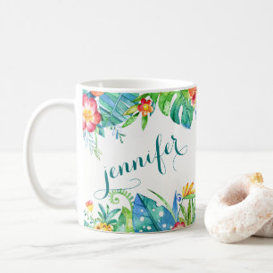 Tropische Blumen2 versahen individueller Name mit Kaffeetasse