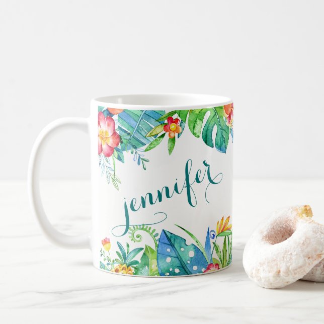 Tropische Blumen2 versahen individueller Name mit Kaffeetasse (Mit Donut)