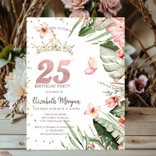 Tropische Blumen Blätter Diamanten 25. Geburtstag Einladung