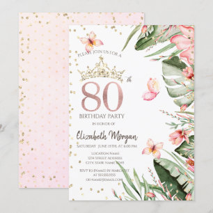 Tropische Blumen Blätter Diamanten 80. Geburtstag Einladung