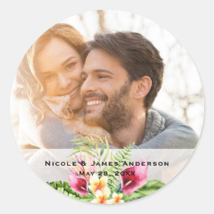 Tropische Blumen & Blätter Florale Foto Hochzeit Runder Aufkleber