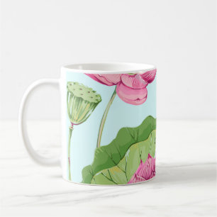 Tropische Blumen, Blätter, rosa Lotus, Seerose, Kaffeetasse