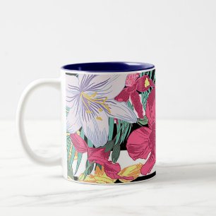 Tropische Blumen Blüten Blätter Schwarz Weiß Strei Zweifarbige Tasse