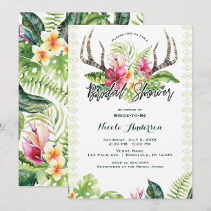 Tropische Blumen Boho Rustikaler Geweih-Hochzeitss Einladung
