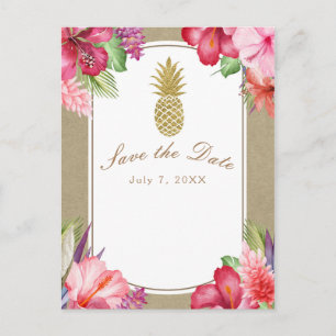 Tropische Blumen & goldener Ananas Vorabinformatio Ankündigungspostkarte
