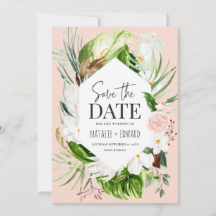 tropische Blumen in Rosa, aquamarin und orchid Save The Date