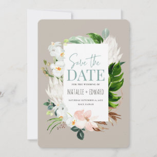 tropische Blumen in Rosa, aquamarin und orchid Save The Date