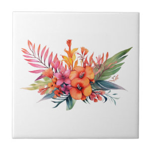 Tropische Blumen in Rosa Pfirsich Gelb Orange Fliese