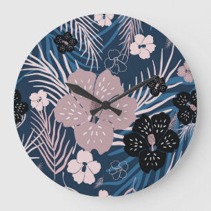 Tropische Blumen Palmwedel Textur Große Wanduhr