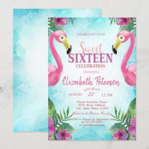 Tropische Blumen Pinke Flamingos Sweet 16 Party Einladung