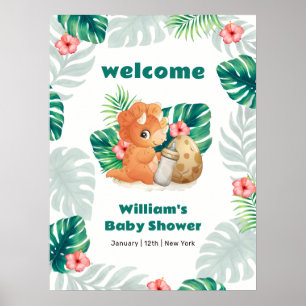 Tropische Blumen schlüpfende Dino-Baby-Party Begrü Poster