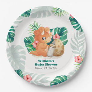 Tropische Blumen schlüpfende Dinosaurier-Baby-Part Pappteller