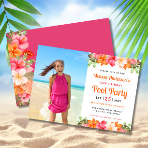 Tropische Blumen-Schwimmbad-Party-Pink zum Geburts Einladung