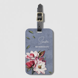 Tropische Blumen Staubblau Monogramm Name Gepäckanhänger
