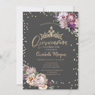 Tropische Blumen Tiara Diamanten Grau Quinceañera Einladung
