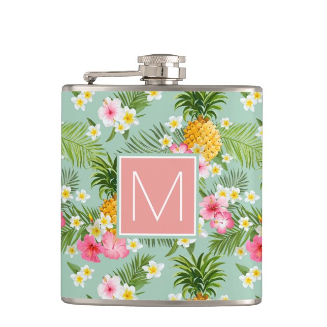 Tropische Blumen u. Ananas | addieren Ihre Flachmann (Vorderseite)