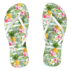 Tropische Blumen u. Ananas auf aquamarinen Flip Flops
