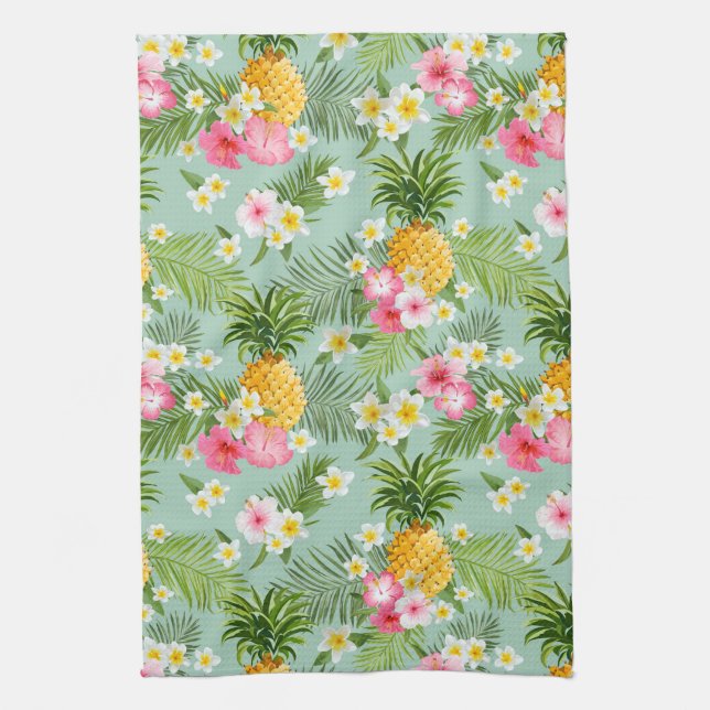 Tropische Blumen u. Ananas Geschirrtuch (Vertikal)